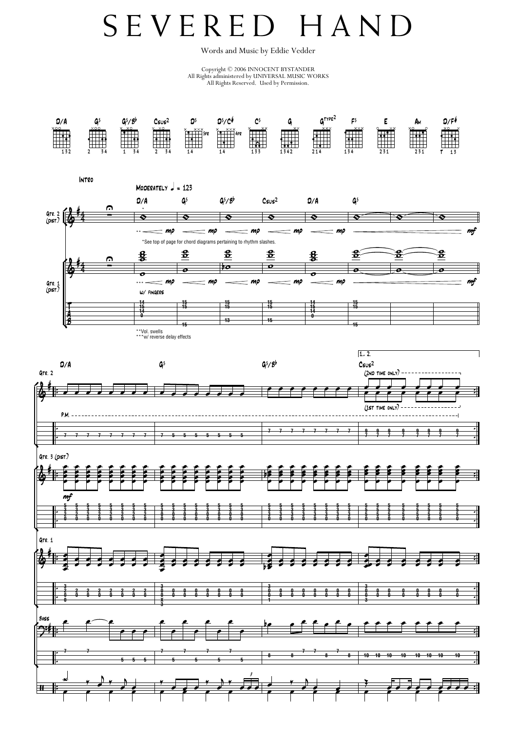 Pearl Jam Severed Hand sheet music notes and chords arranged for Transcribed Score