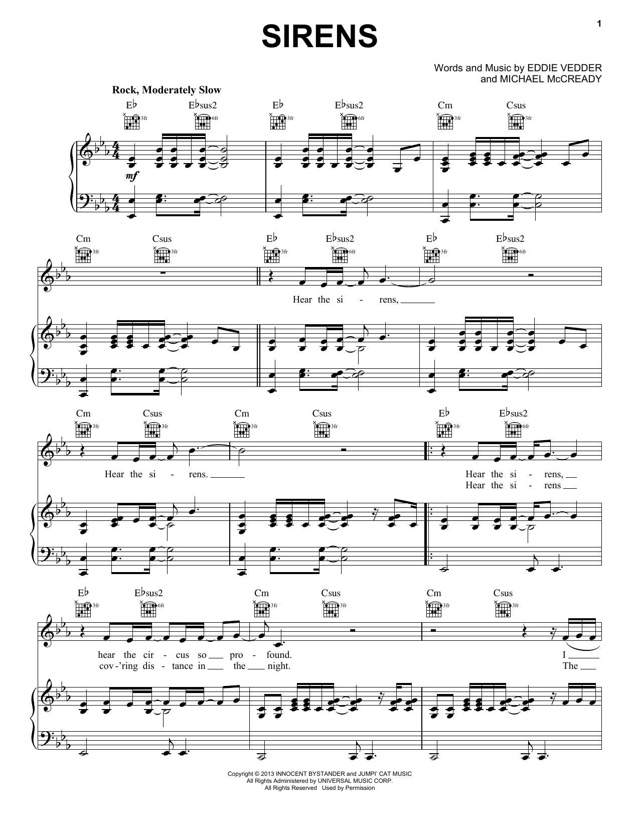 Pearl Jam Sirens sheet music notes and chords arranged for Piano, Vocal & Guitar Chords (Right-Hand Melody)