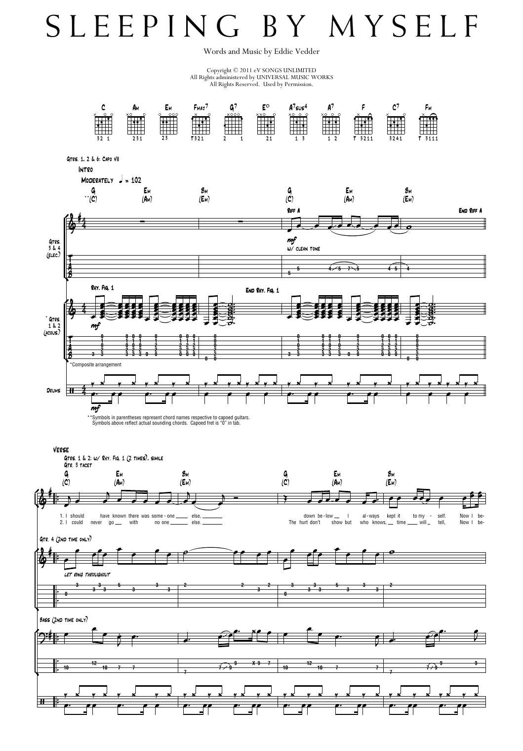 Pearl Jam Sleeping By Myself sheet music notes and chords arranged for Transcribed Score