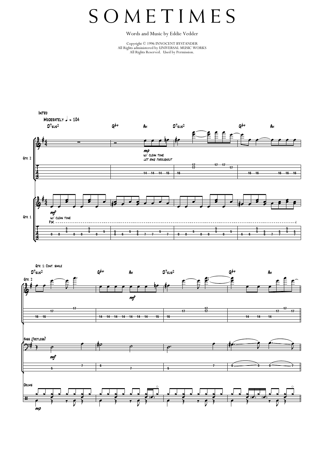Pearl Jam Sometimes sheet music notes and chords arranged for Transcribed Score
