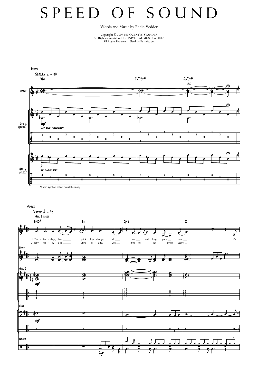 Pearl Jam Speed Of Sound sheet music notes and chords arranged for Transcribed Score