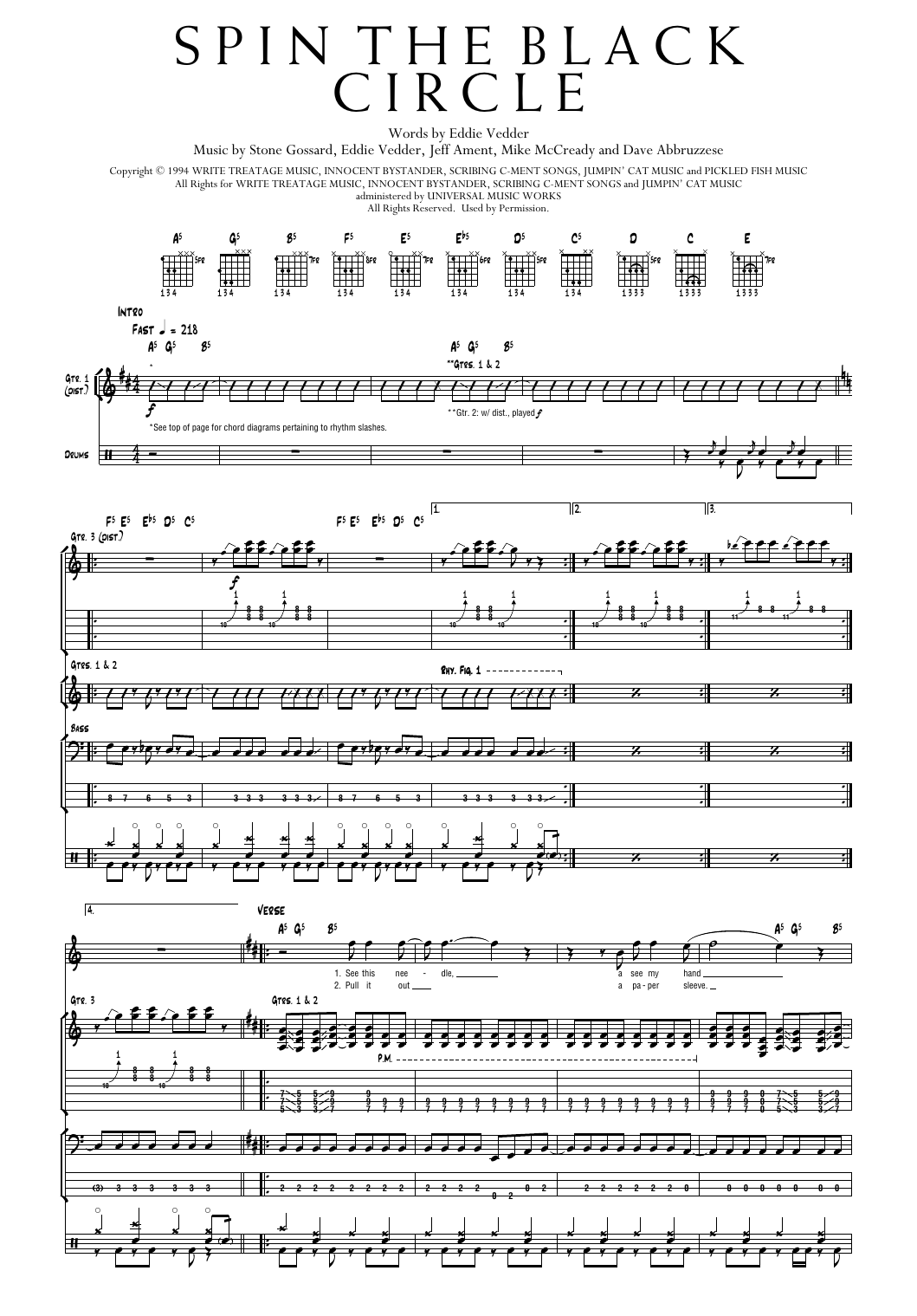 Pearl Jam Spin The Black Circle sheet music notes and chords arranged for Transcribed Score