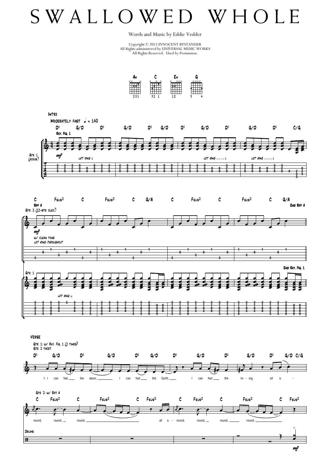 Pearl Jam Swallowed Whole sheet music notes and chords arranged for Transcribed Score