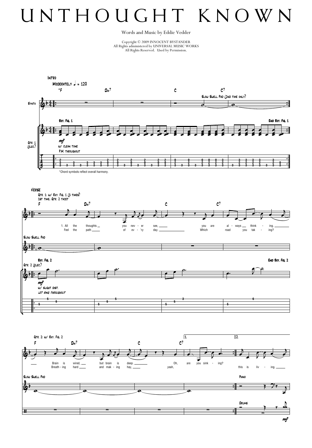 Pearl Jam Unthought Known sheet music notes and chords arranged for Transcribed Score