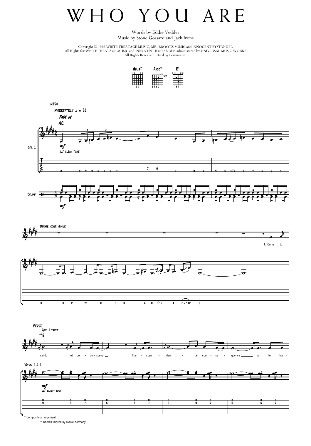 Pearl Jam Who You Are sheet music notes and chords arranged for Transcribed Score
