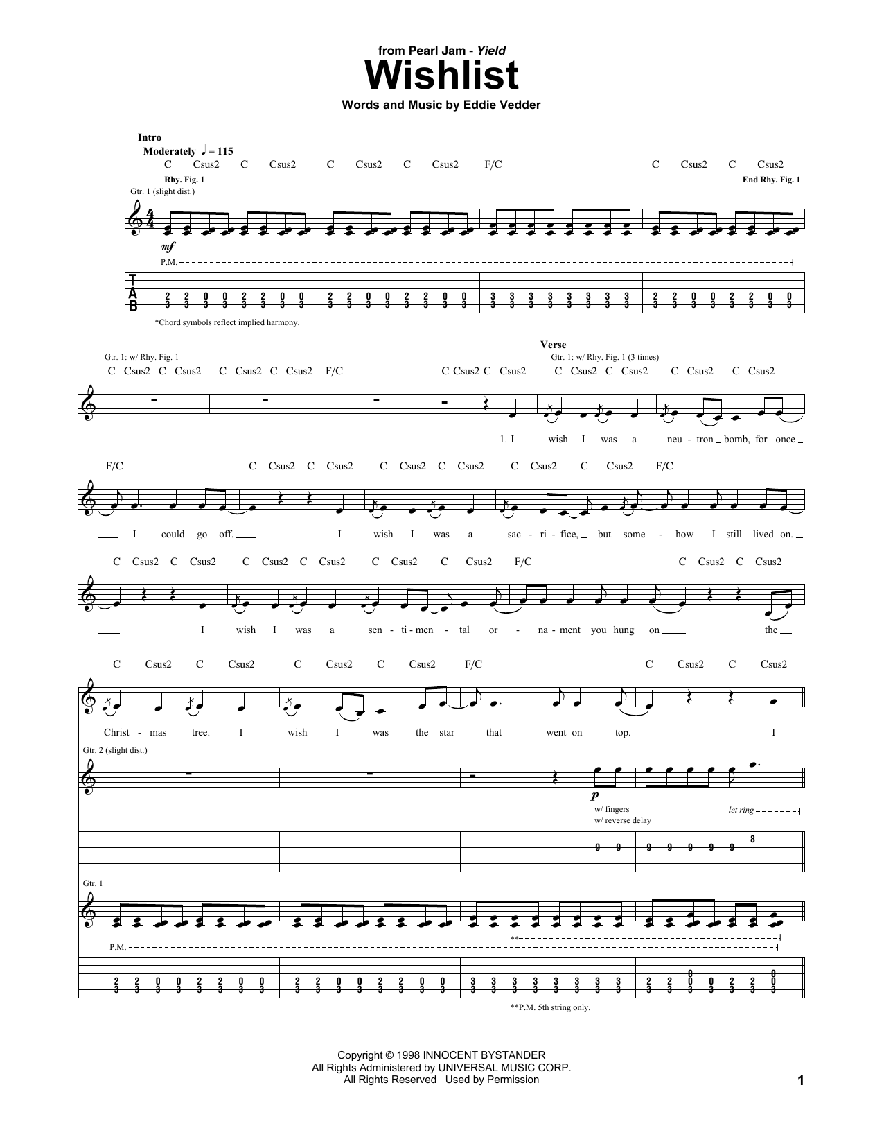 Pearl Jam Wishlist sheet music notes and chords arranged for Guitar Tab