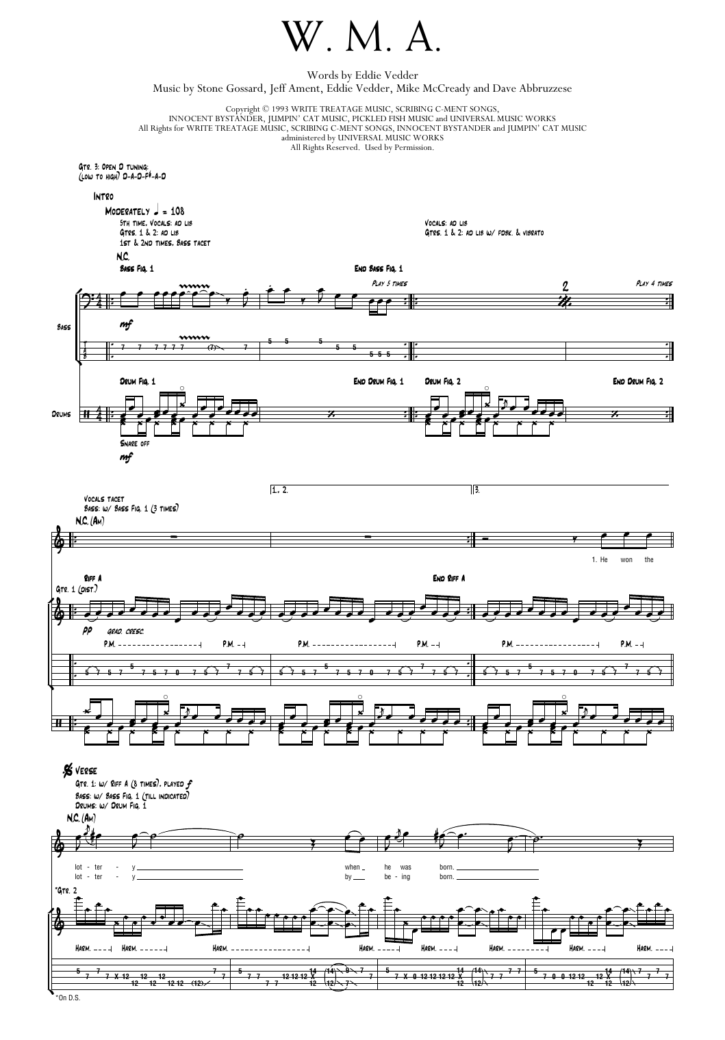 Pearl Jam W.M.A. sheet music notes and chords arranged for Transcribed Score
