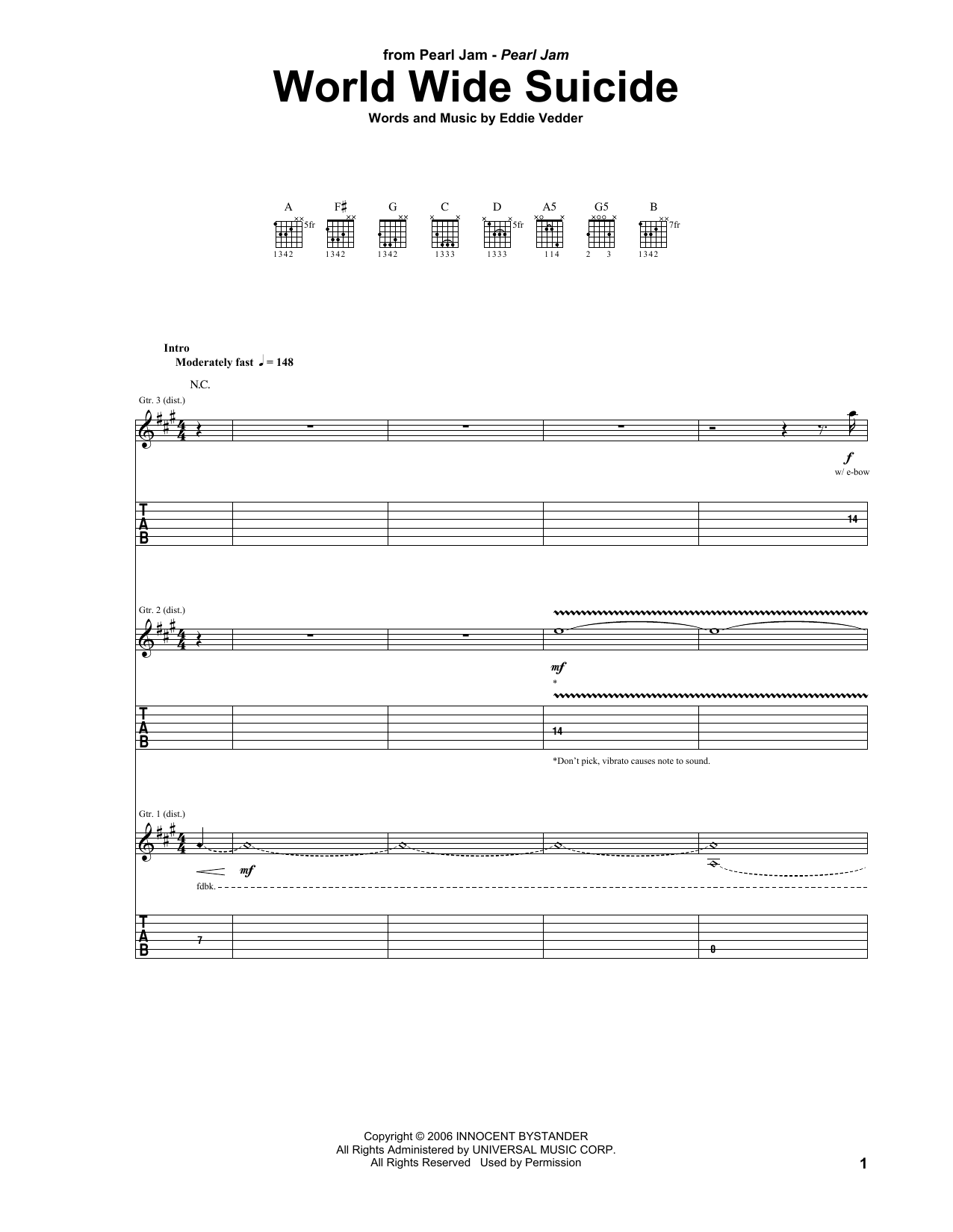 Pearl Jam World Wide Suicide sheet music notes and chords arranged for Guitar Tab
