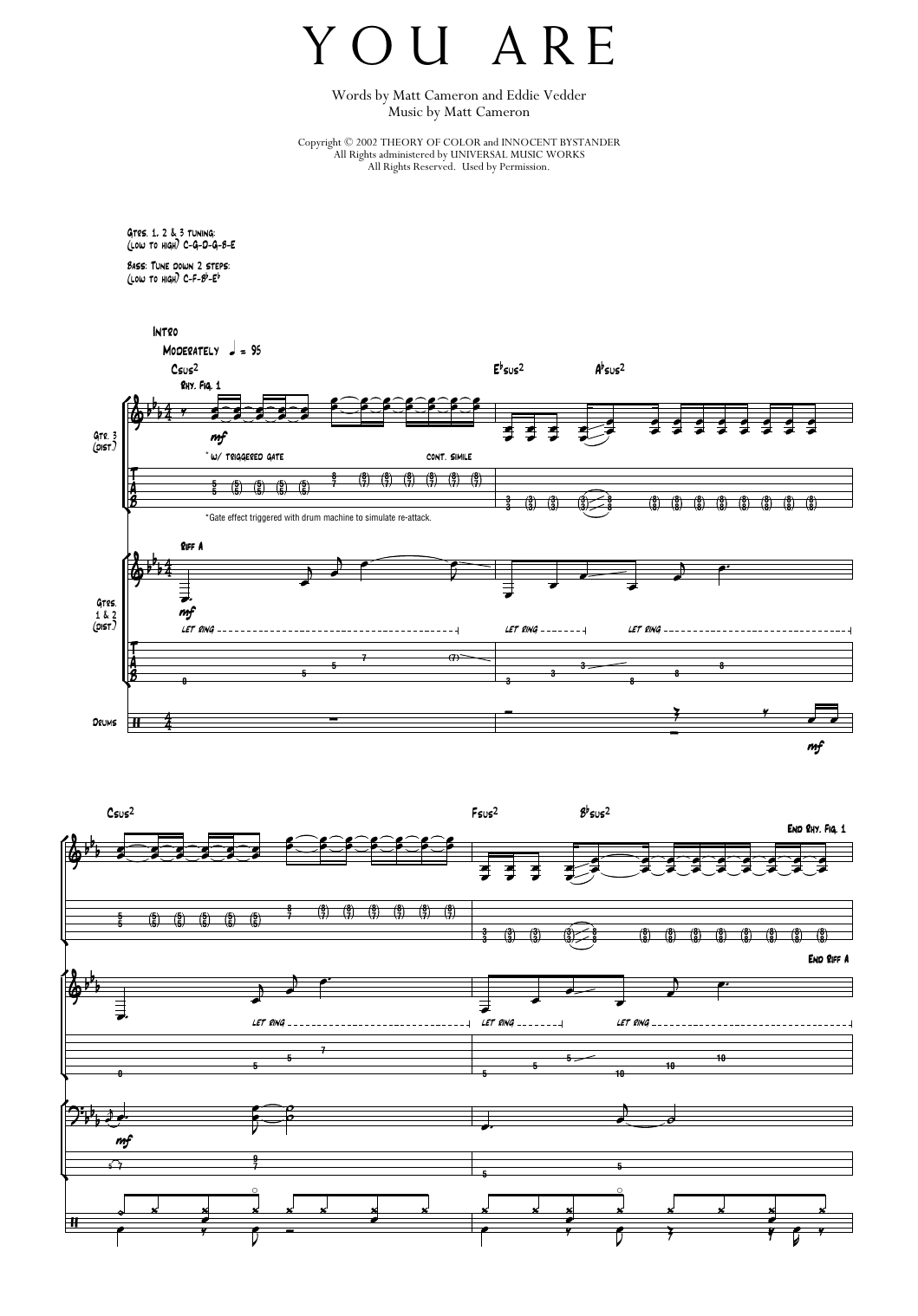 Pearl Jam You Are sheet music notes and chords arranged for Transcribed Score
