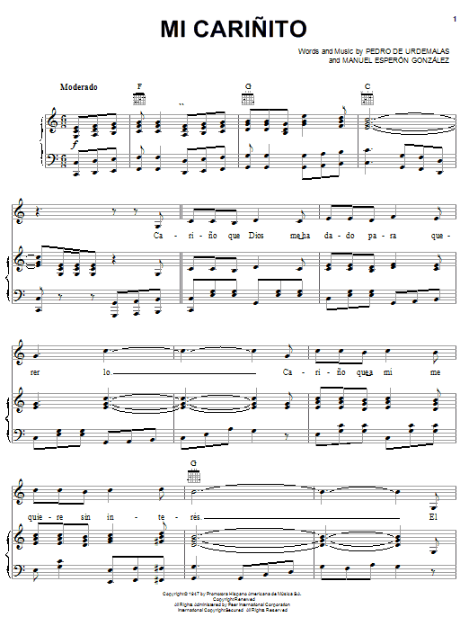Pedro Fernandez Mi Carinito sheet music notes and chords arranged for Piano, Vocal & Guitar Chords (Right-Hand Melody)