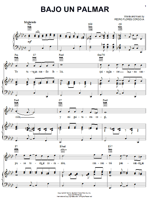 Pedro Flores Cordova Bajo Un Palmar sheet music notes and chords arranged for Piano, Vocal & Guitar Chords (Right-Hand Melody)