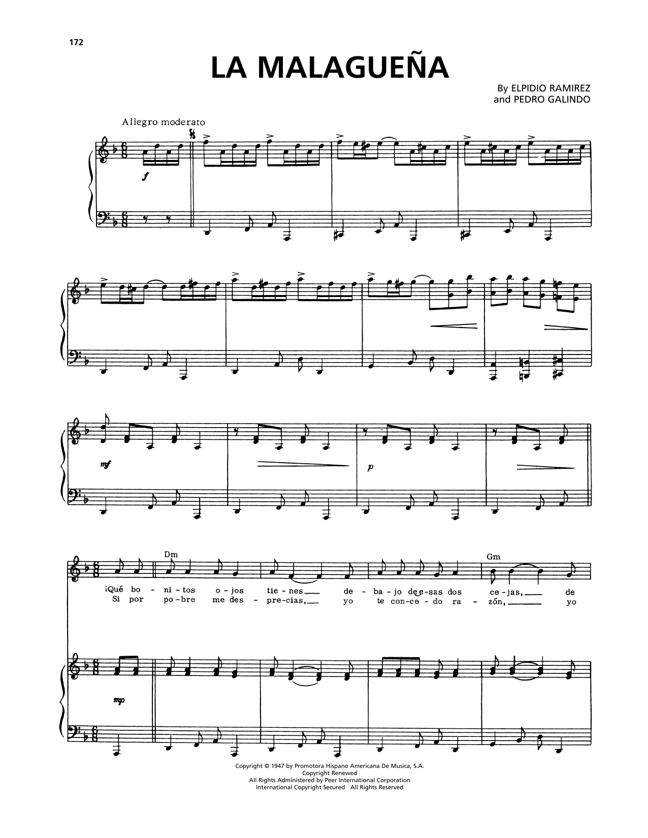 Pedro Galindo La Malaguena sheet music notes and chords arranged for Piano, Vocal & Guitar Chords (Right-Hand Melody)