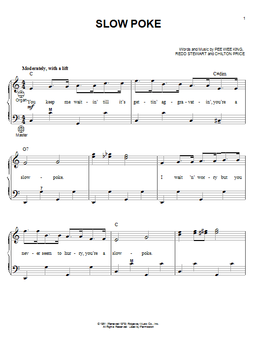 Pee Wee King Slow Poke sheet music notes and chords arranged for Piano, Vocal & Guitar Chords (Right-Hand Melody)