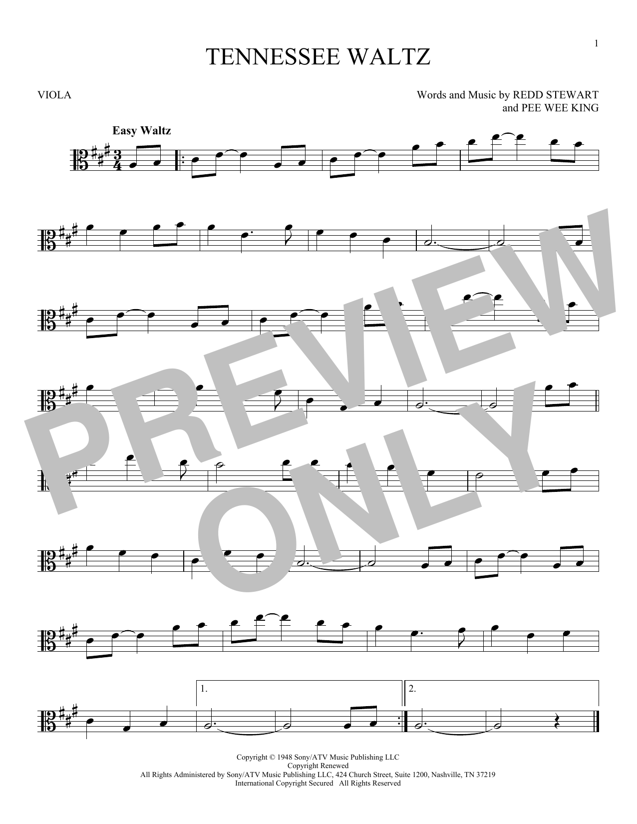 Pee Wee King Tennessee Waltz sheet music notes and chords arranged for Violin Solo