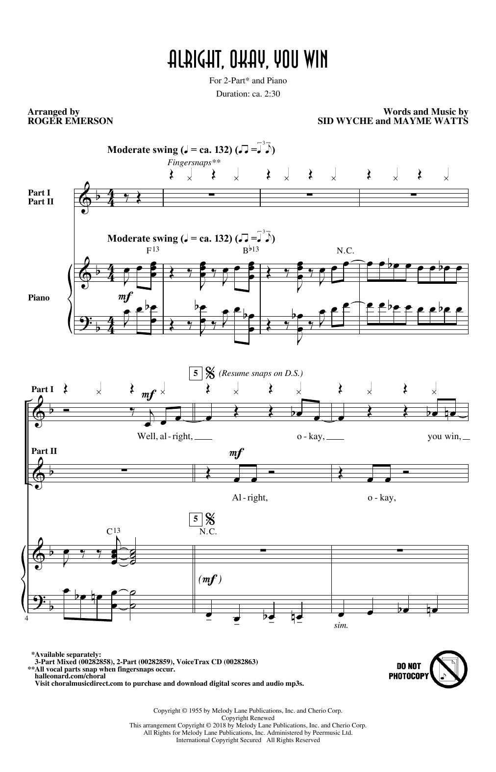 Peggy Lee Alright, Okay, You Win (arr. Roger Emerson) sheet music notes and chords arranged for 2-Part Choir