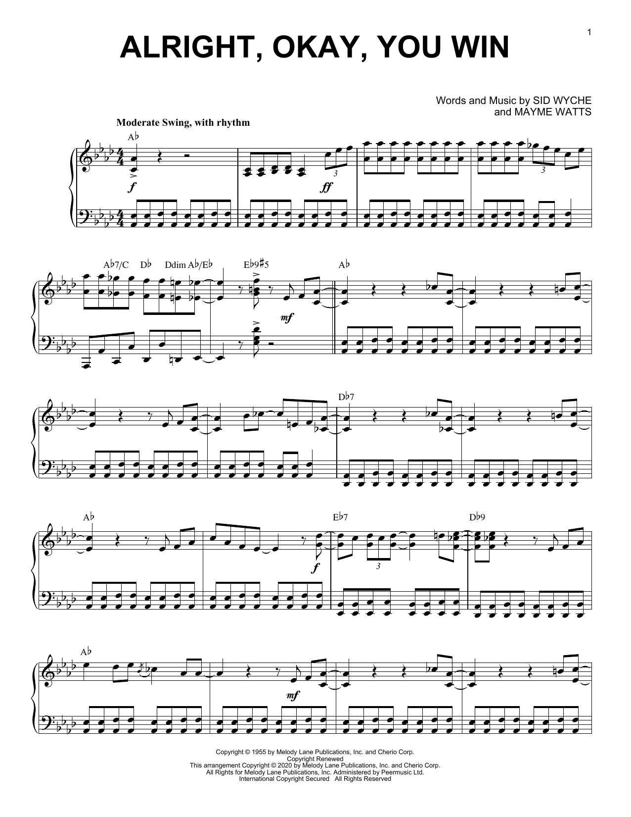 Peggy Lee Alright, Okay, You Win [Jazz version] (arr. Brent Edstrom) sheet music notes and chords arranged for Piano Solo