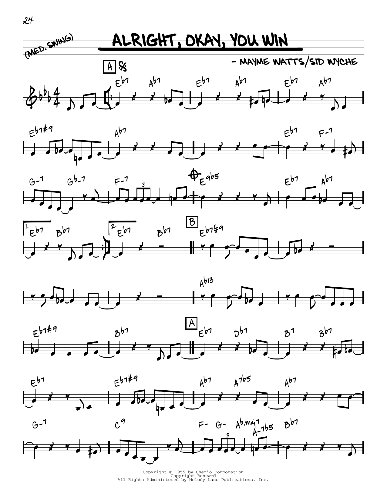 Peggy Lee Alright, Okay, You Win [Reharmonized version] (arr. Jack Grassel) sheet music notes and chords arranged for Real Book – Melody & Chords