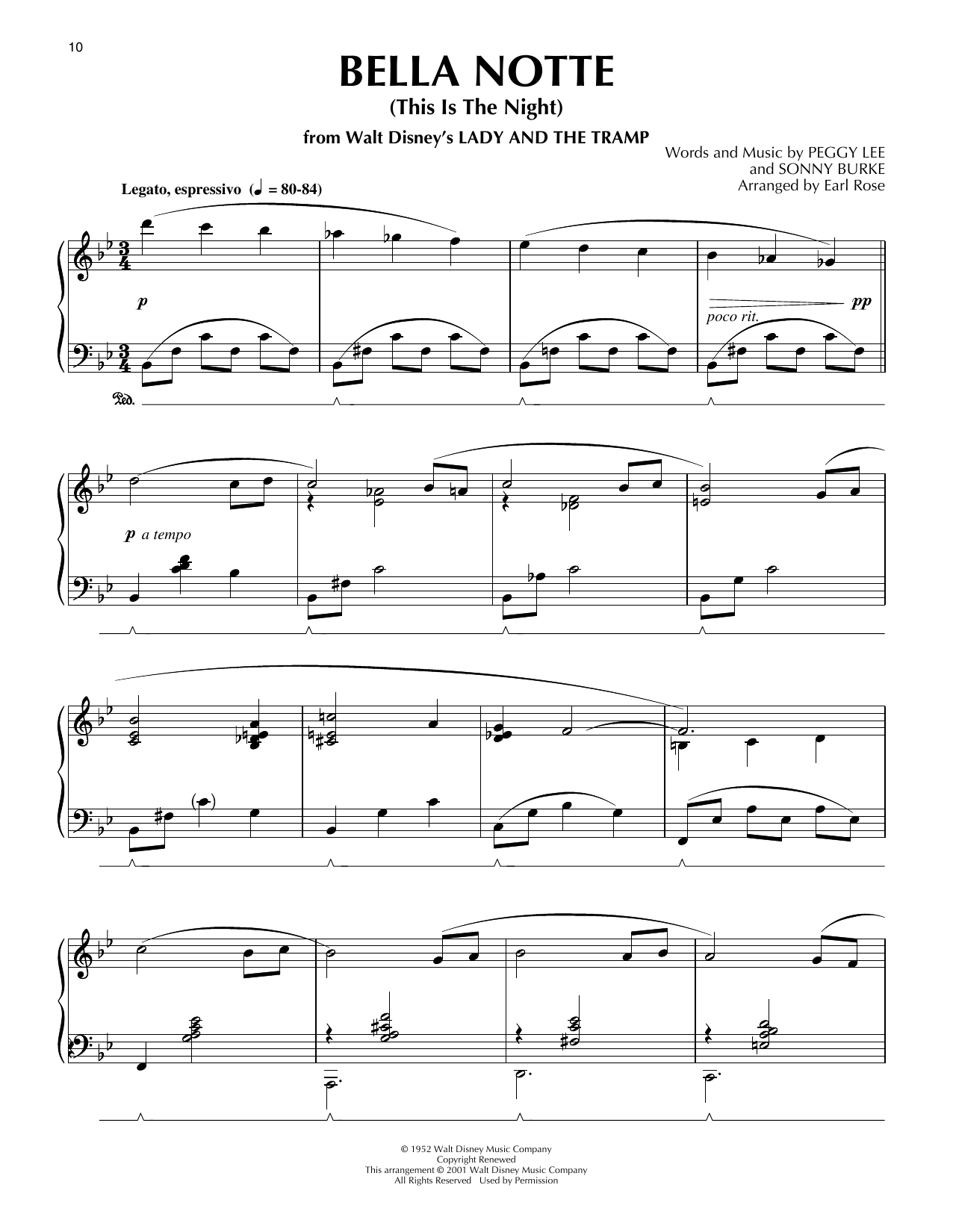 Peggy Lee Bella Notte (from Lady And The Tramp) (arr. Earl Rose) sheet music notes and chords arranged for Piano Solo