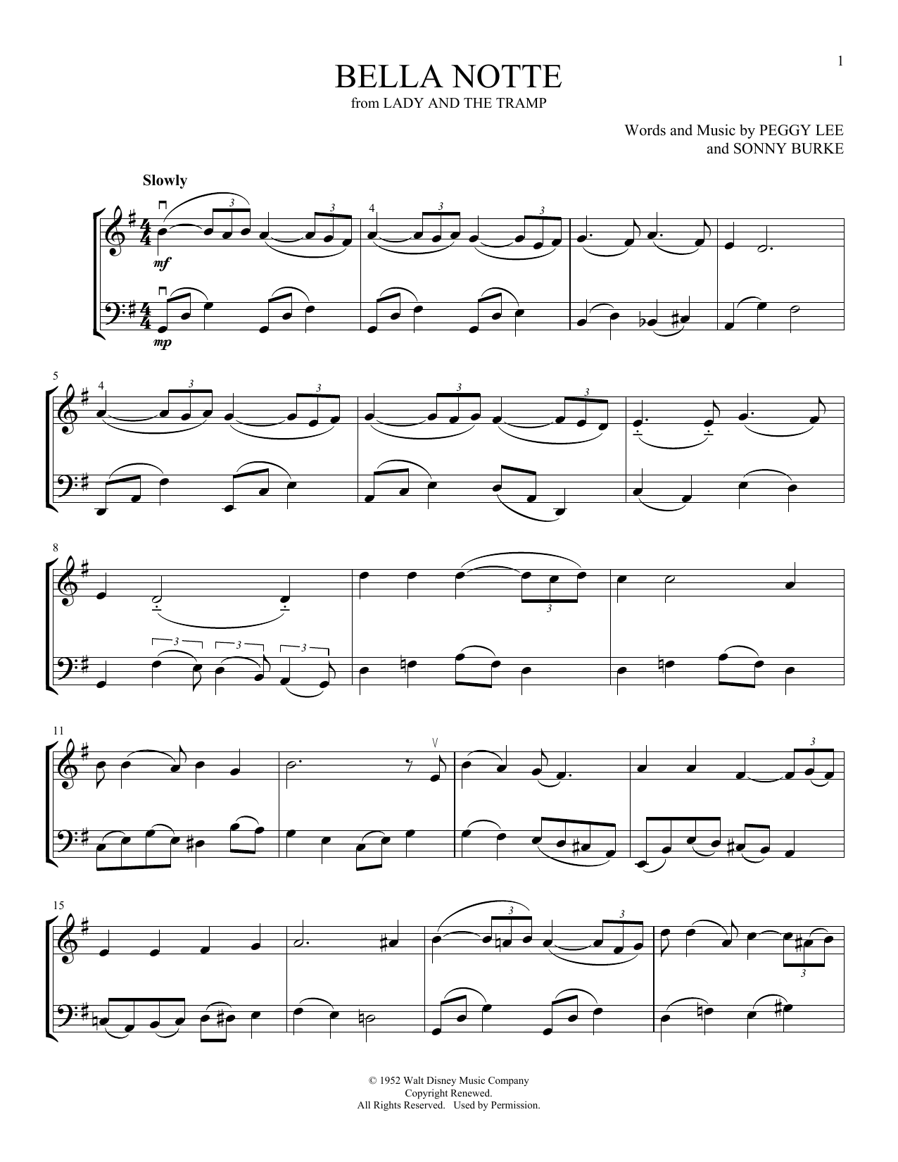 Peggy Lee Bella Notte (from Lady And The Tramp) (arr. Michelle Hynson) sheet music notes and chords arranged for Instrumental Duet