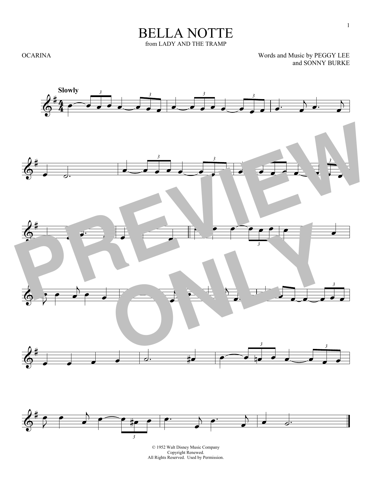Peggy Lee Bella Notte (from Lady And The Tramp) sheet music notes and chords arranged for Ocarina