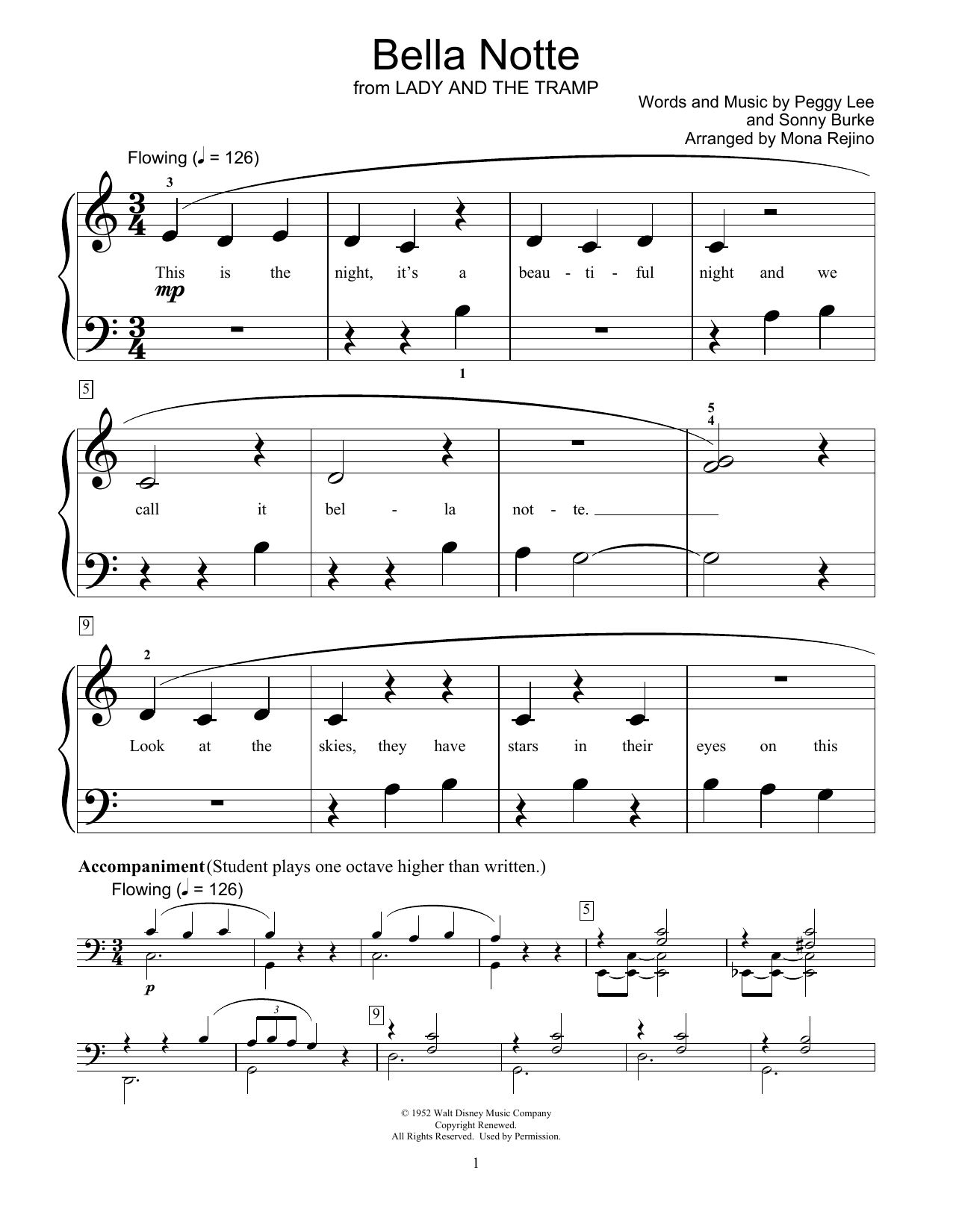Peggy Lee Bella Notte (This Is The Night) (from Lady And The Tramp) (arr. Mona Rejino) sheet music notes and chords arranged for Educational Piano