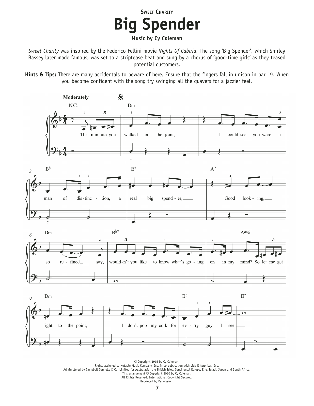 Peggy Lee Big Spender (from Sweet Charity) sheet music notes and chords arranged for Really Easy Piano