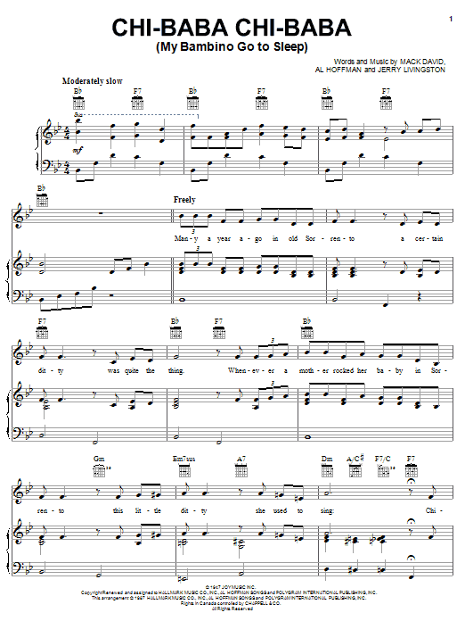 Peggy Lee Chi-Baba Chi-Baba (My Bambino Go To Sleep) sheet music notes and chords arranged for Piano, Vocal & Guitar Chords (Right-Hand Melody)