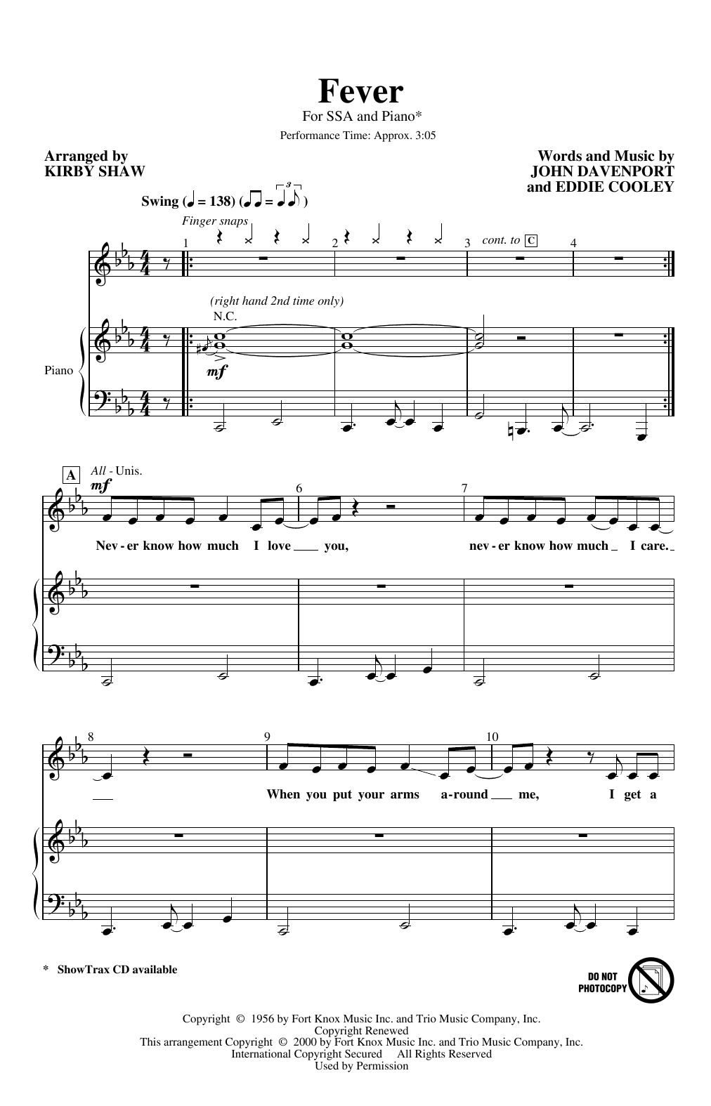 Peggy Lee Fever (arr. Kirby Shaw) sheet music notes and chords arranged for SSA Choir