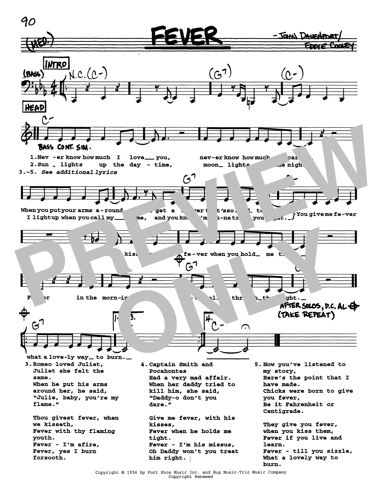 Peggy Lee Fever (Low Voice) sheet music notes and chords arranged for Real Book – Melody, Lyrics & Chords