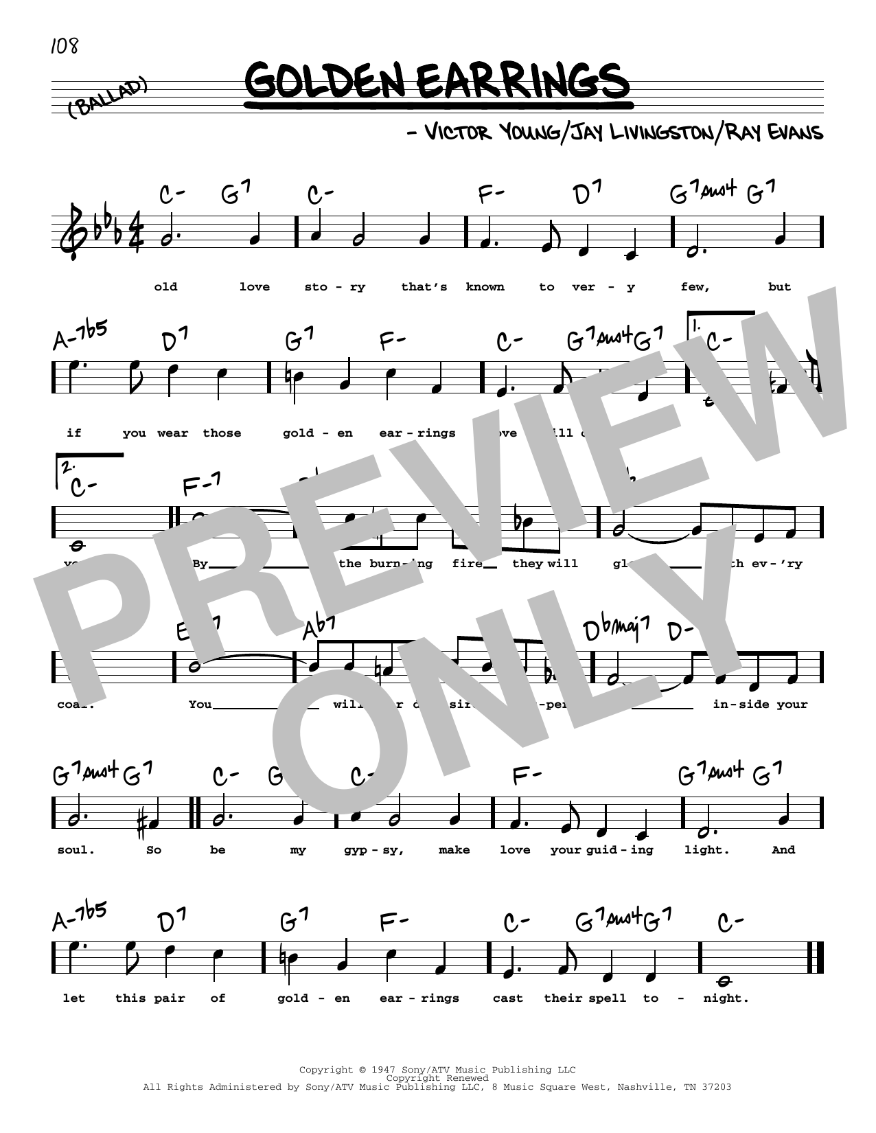 Peggy Lee Golden Earrings (High Voice) sheet music notes and chords arranged for Real Book – Melody, Lyrics & Chords