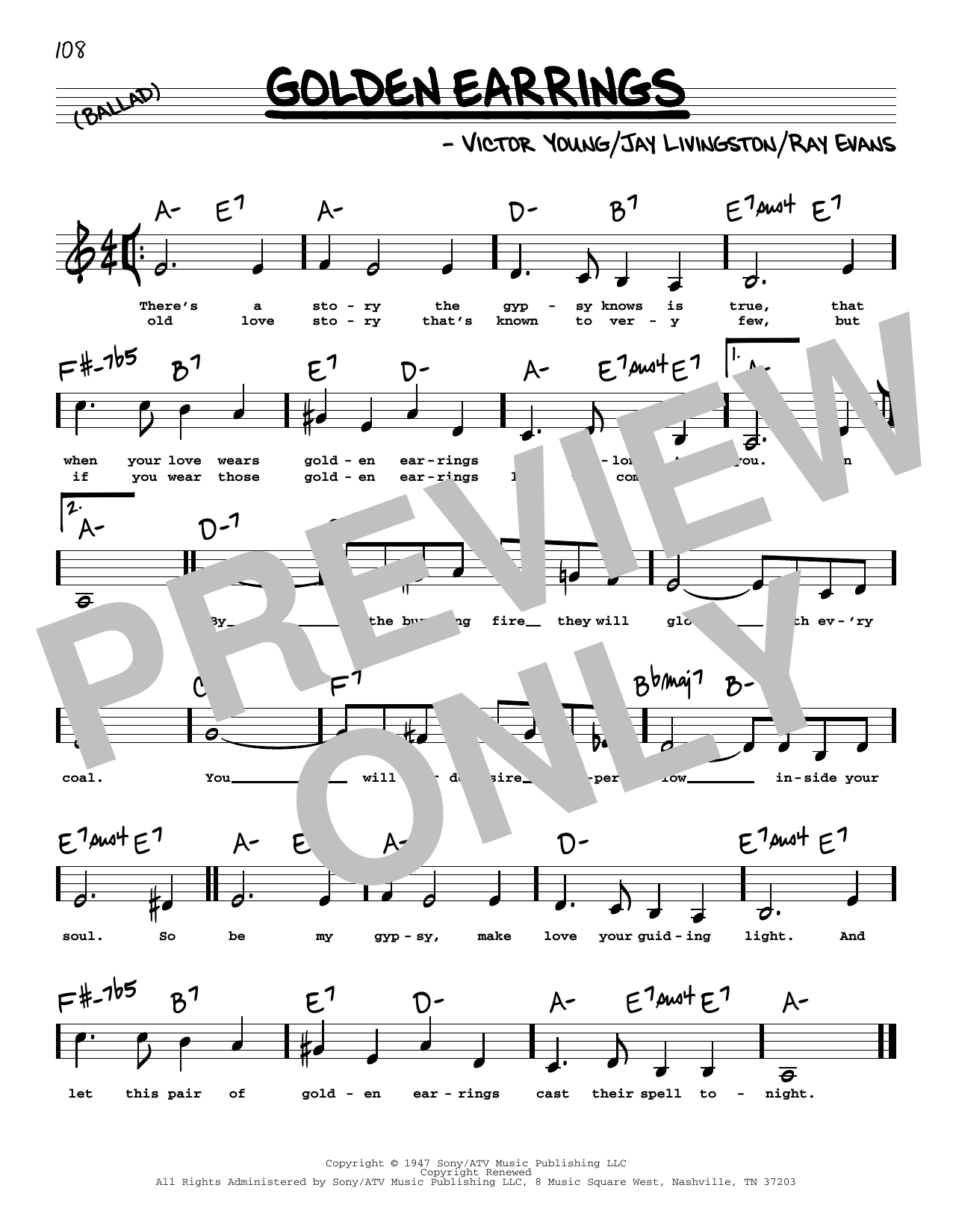 Peggy Lee Golden Earrings (Low Voice) sheet music notes and chords arranged for Real Book – Melody, Lyrics & Chords