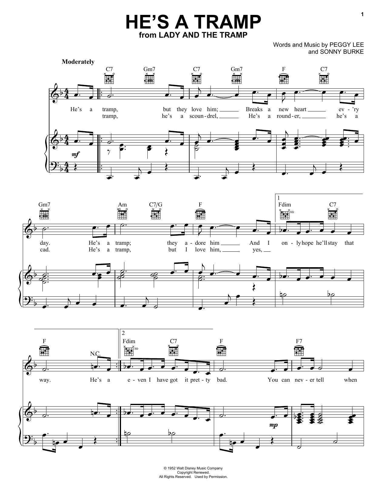 Peggy Lee He's A Tramp (from Lady And The Tramp) sheet music notes and chords arranged for Ukulele