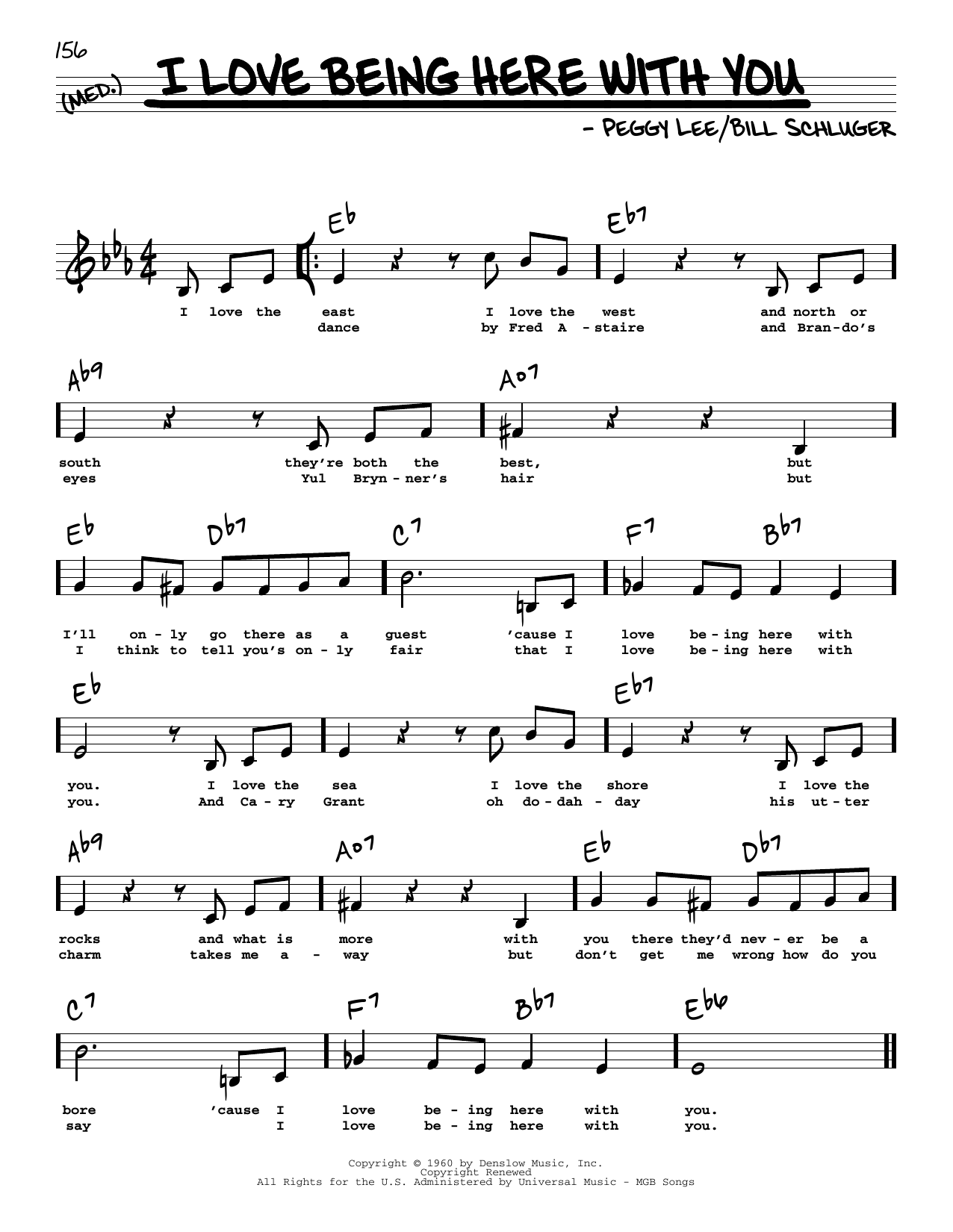 Peggy Lee I Love Being Here With You (Low Voice) sheet music notes and chords arranged for Real Book – Melody, Lyrics & Chords