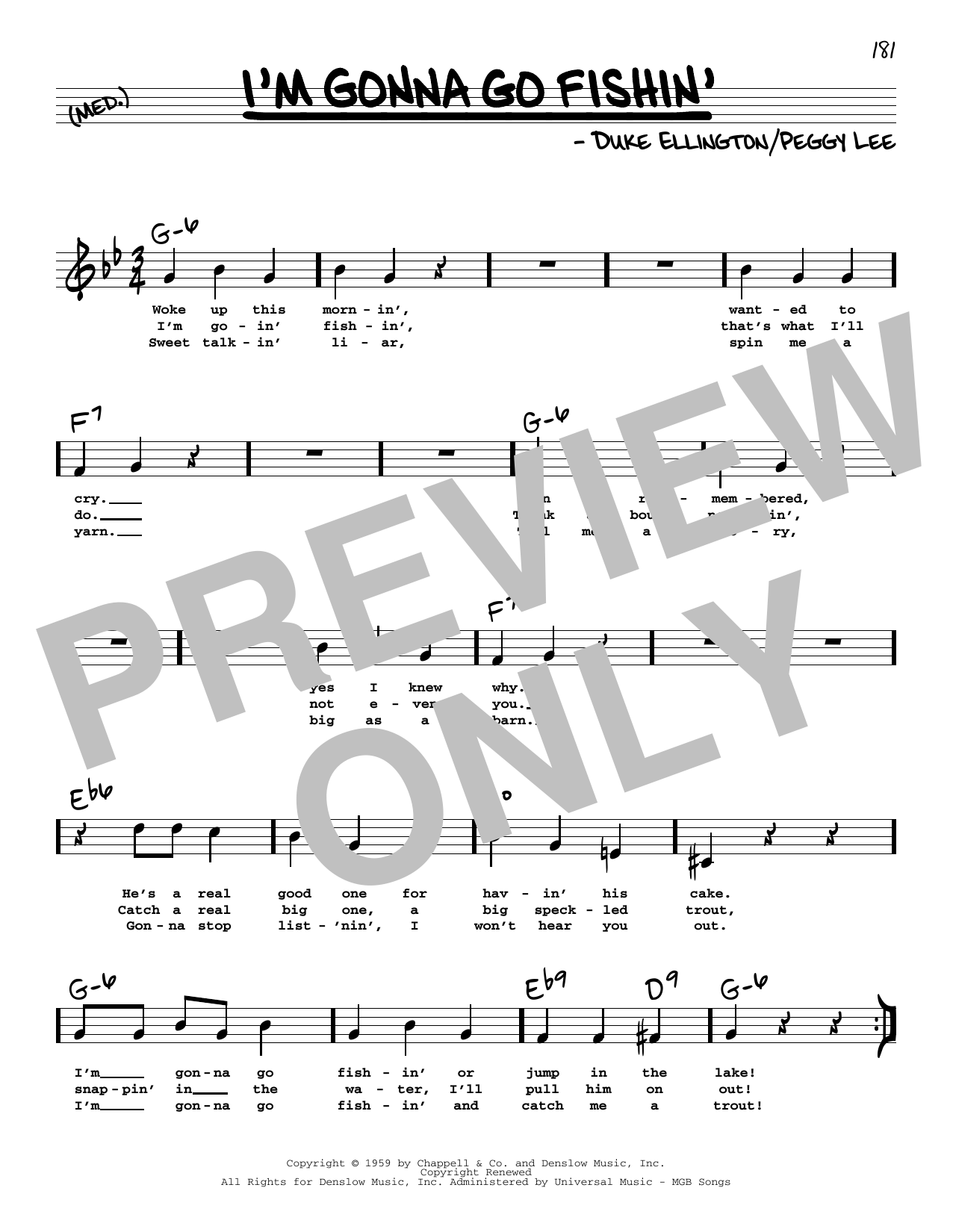 Peggy Lee I'm Gonna Go Fishin' (High Voice) sheet music notes and chords arranged for Real Book – Melody, Lyrics & Chords