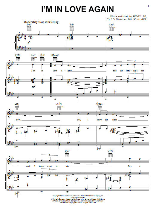 Peggy Lee I'm In Love Again sheet music notes and chords arranged for Piano, Vocal & Guitar Chords (Right-Hand Melody)