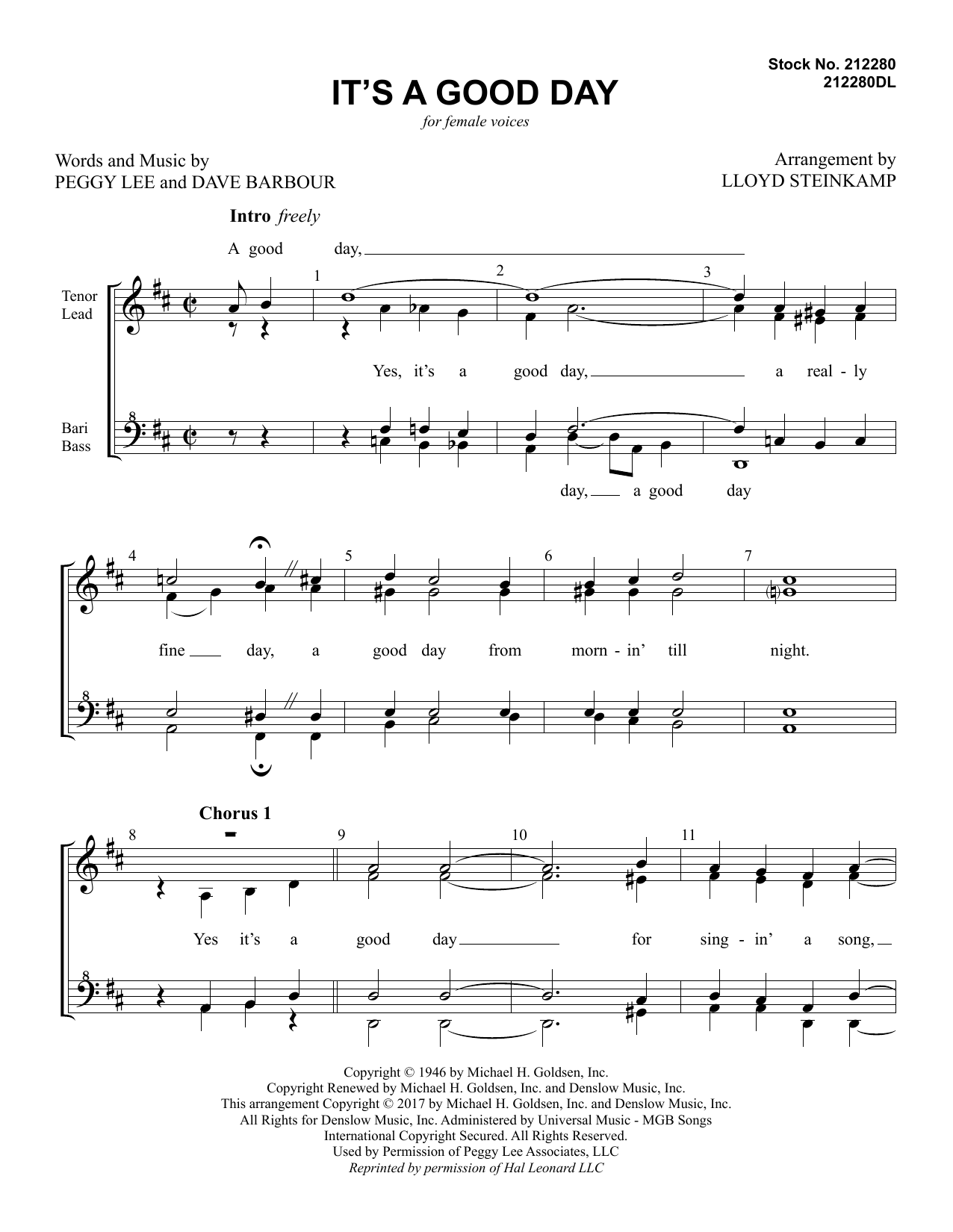 Peggy Lee It's a Good Day (arr. Lloyd Steinkamp) sheet music notes and chords arranged for SSAA Choir