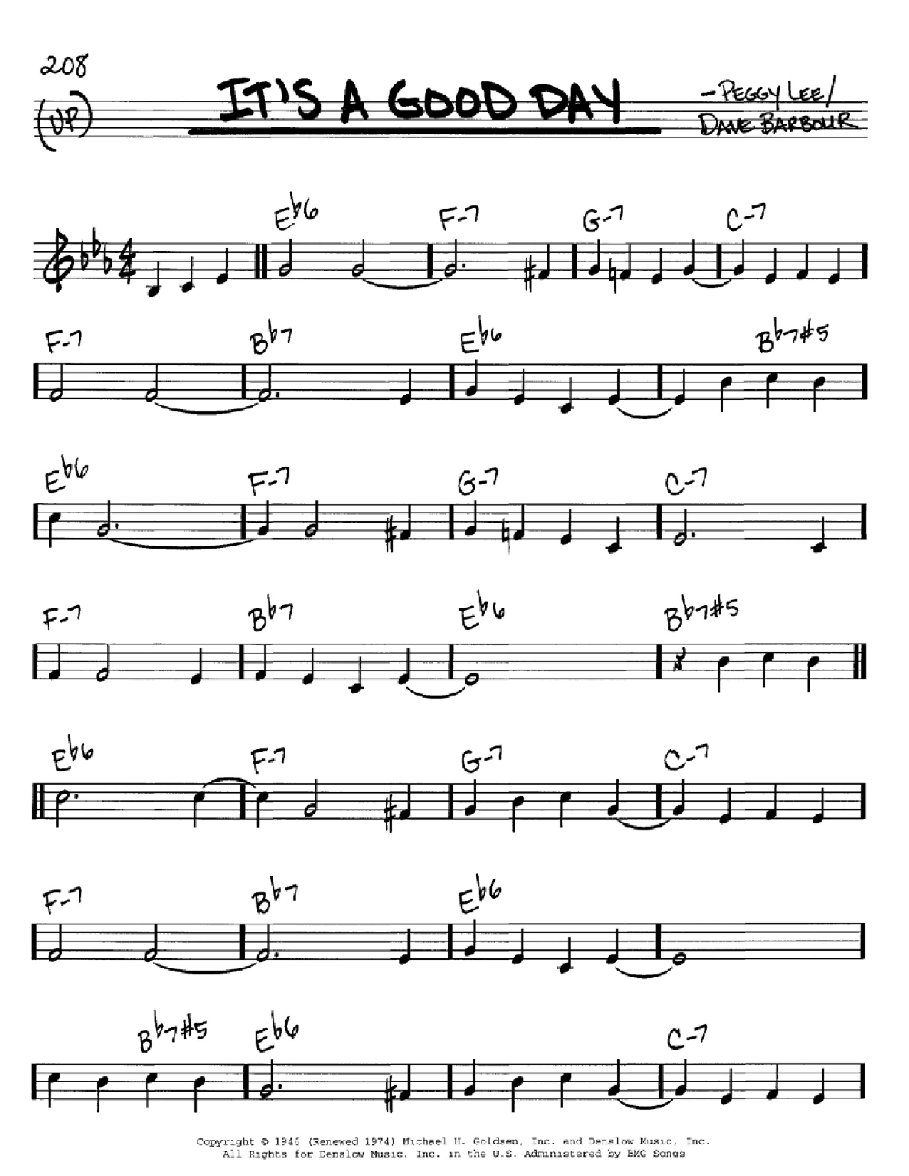Peggy Lee It's A Good Day sheet music notes and chords arranged for Real Book – Melody & Chords – C Instruments