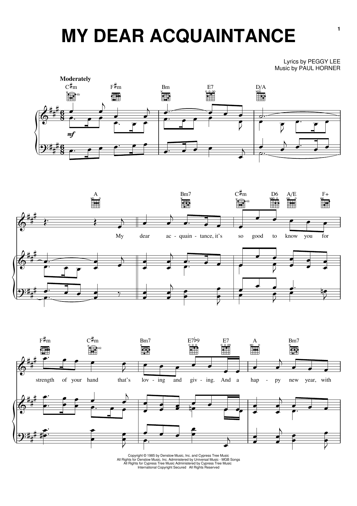 Peggy Lee My Dear Acquaintance sheet music notes and chords arranged for Piano, Vocal & Guitar Chords (Right-Hand Melody)
