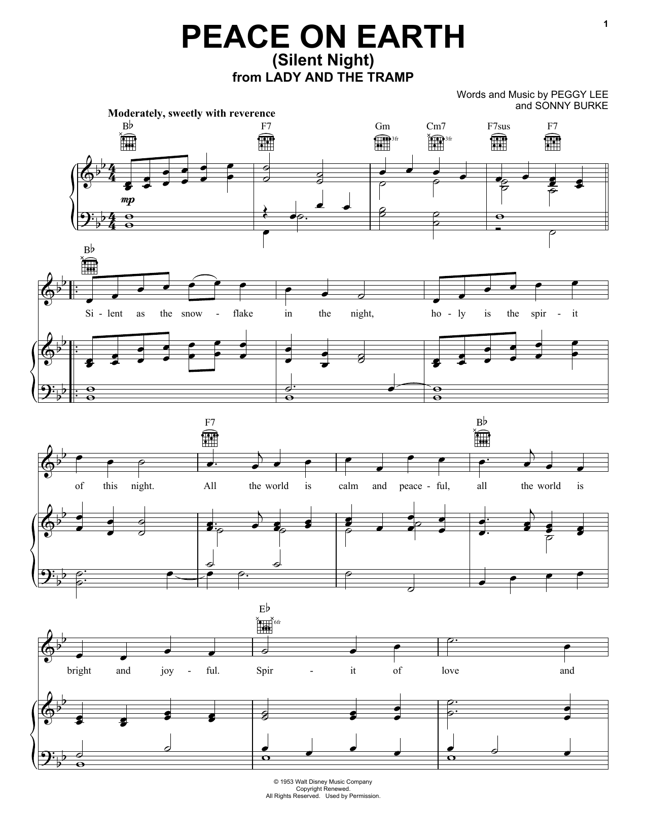 Peggy Lee Peace On Earth (Silent Night) (from Lady And The Tramp) sheet music notes and chords arranged for Piano, Vocal & Guitar Chords (Right-Hand Melody)