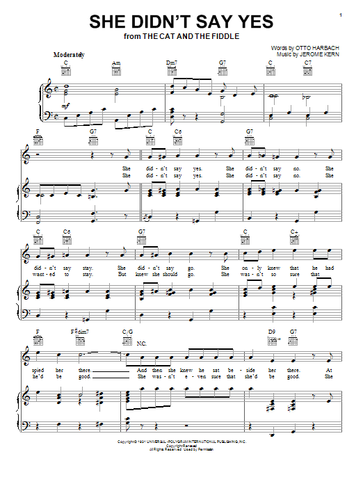 Peggy Lee She Didn't Say Yes sheet music notes and chords arranged for Piano, Vocal & Guitar Chords (Right-Hand Melody)