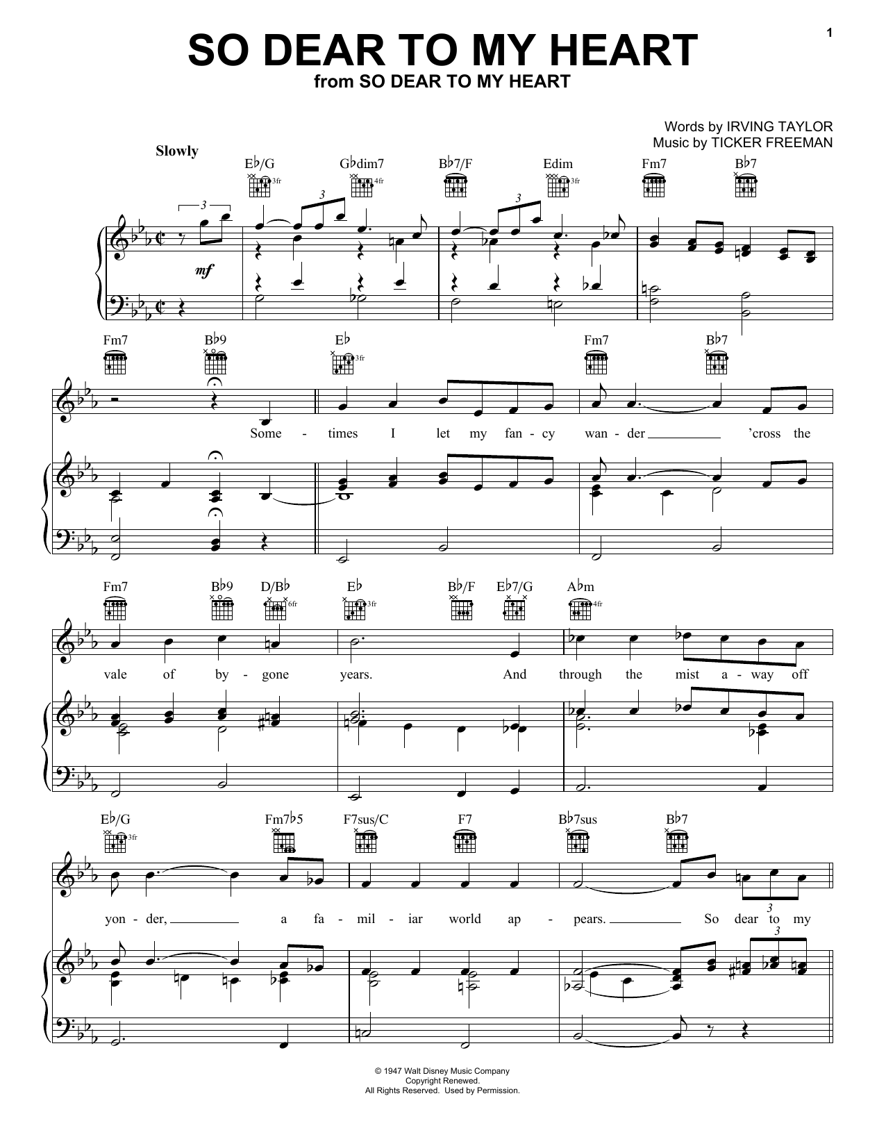 Peggy Lee So Dear To My Heart sheet music notes and chords arranged for Piano, Vocal & Guitar Chords (Right-Hand Melody)