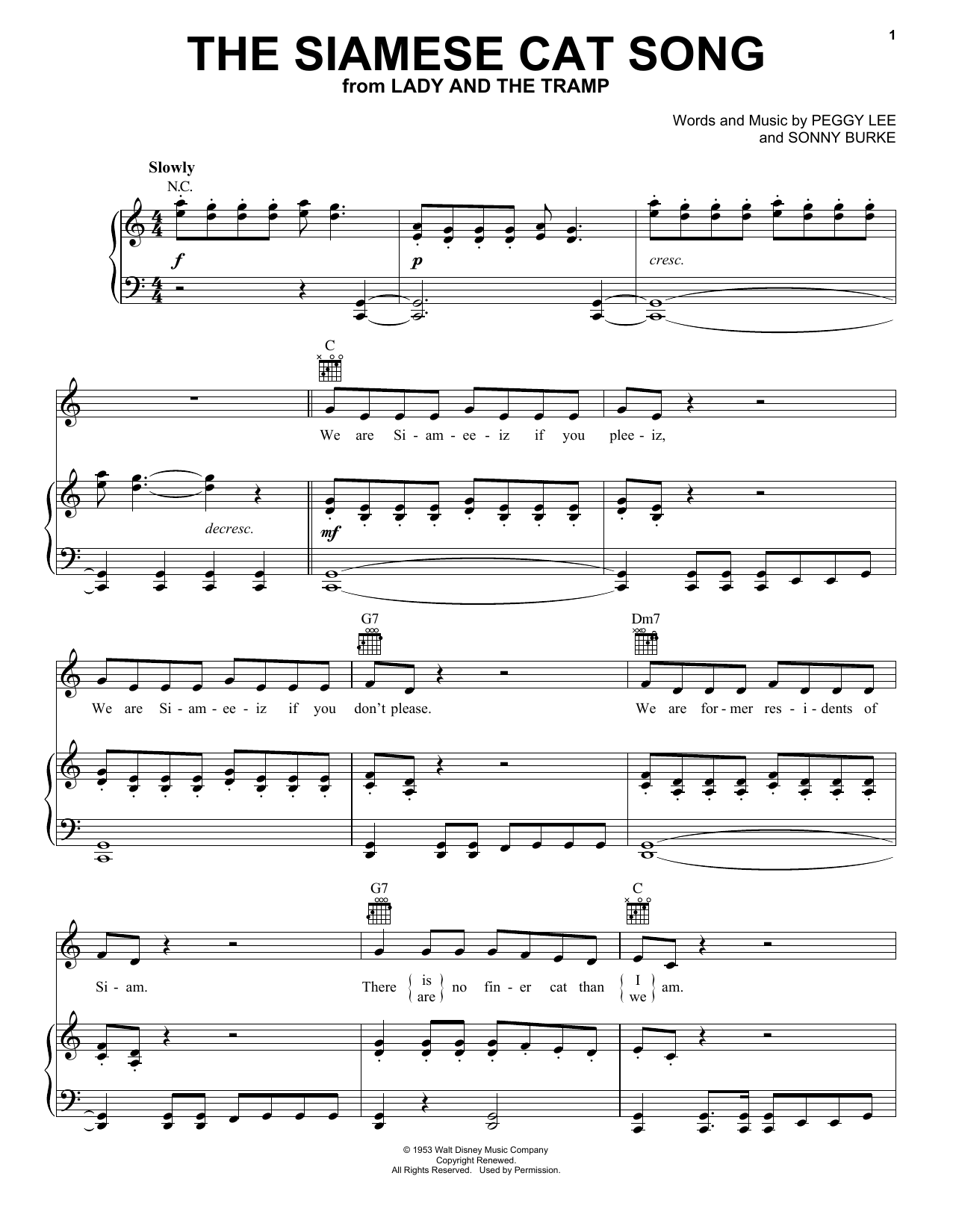 Peggy Lee The Siamese Cat Song (from Lady And The Tramp) sheet music notes and chords. Download Printable PDF.