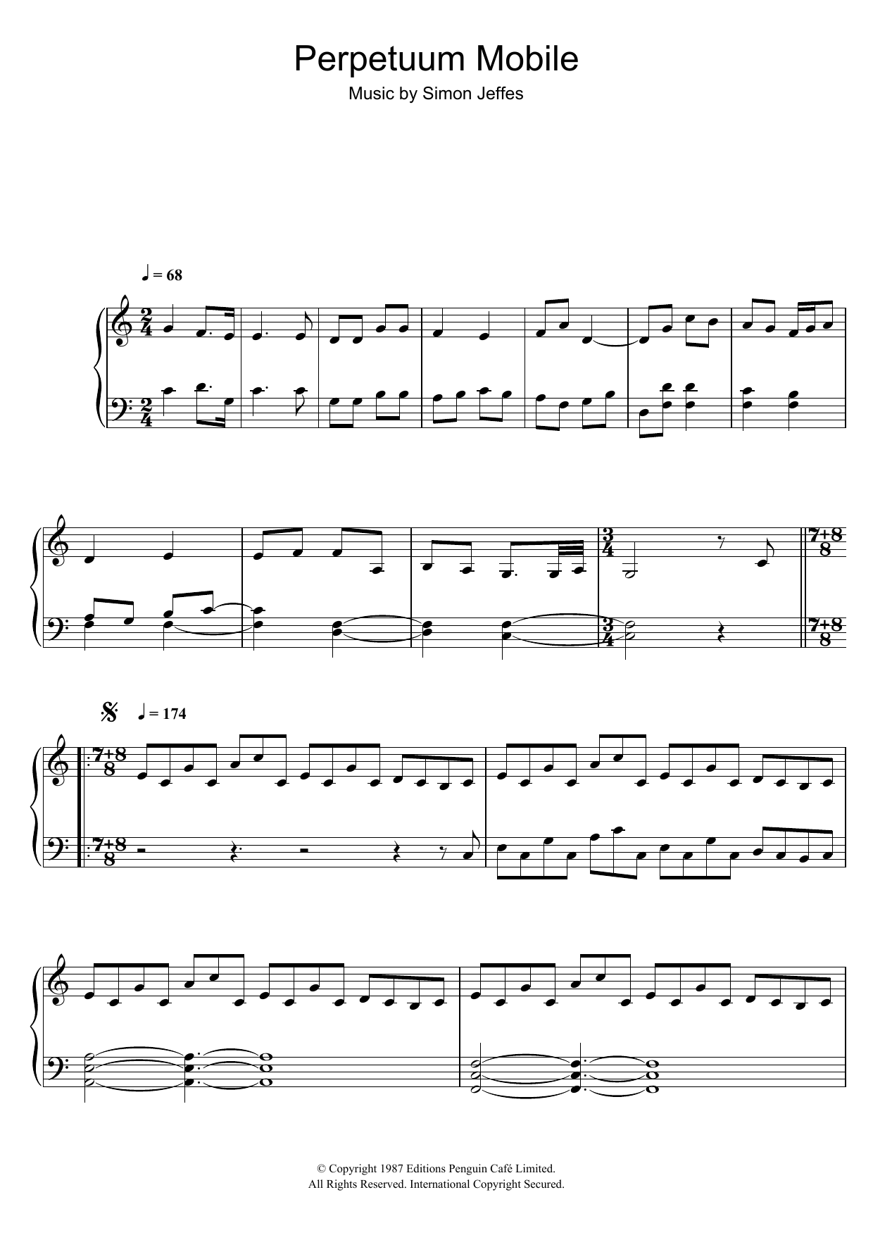 Penguin Cafe Orchestra Perpetuum Mobile sheet music notes and chords arranged for Piano Solo
