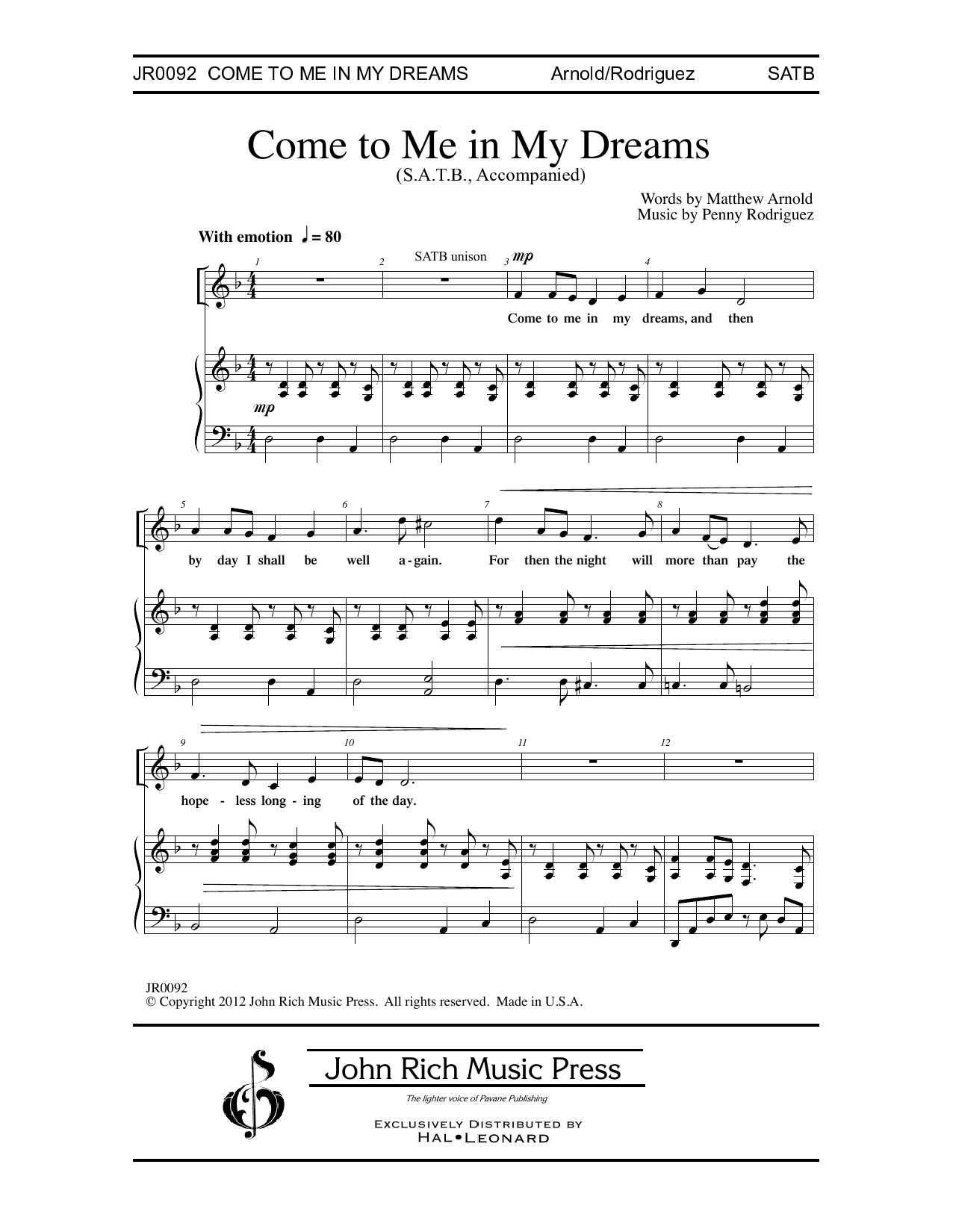 Penny Rodriguez Come to Me in My Dreams sheet music notes and chords arranged for SATB Choir