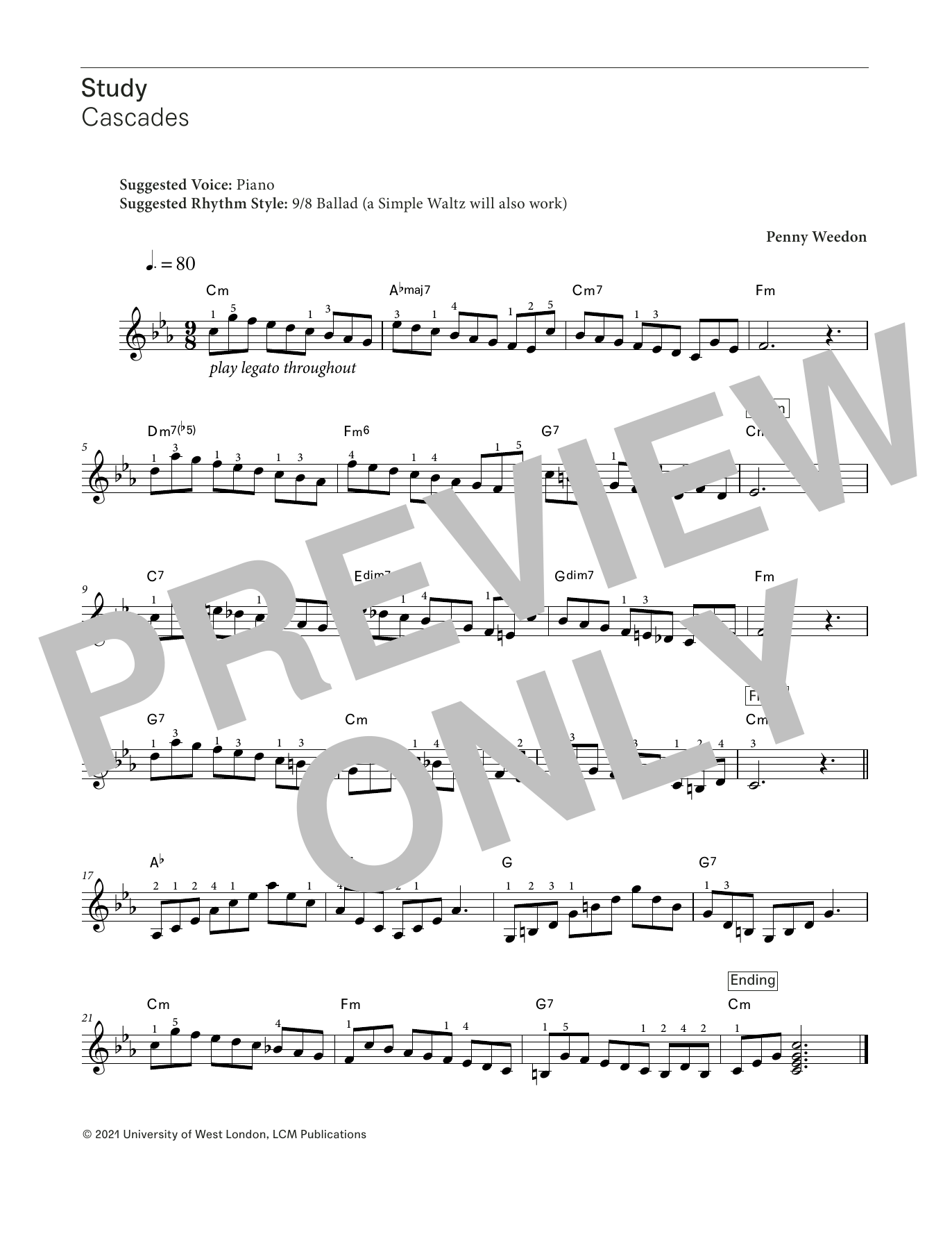 Penny Weedon Cascades (from LCME Electronic Keyboard Study Grade 6) sheet music notes and chords arranged for Piano Solo