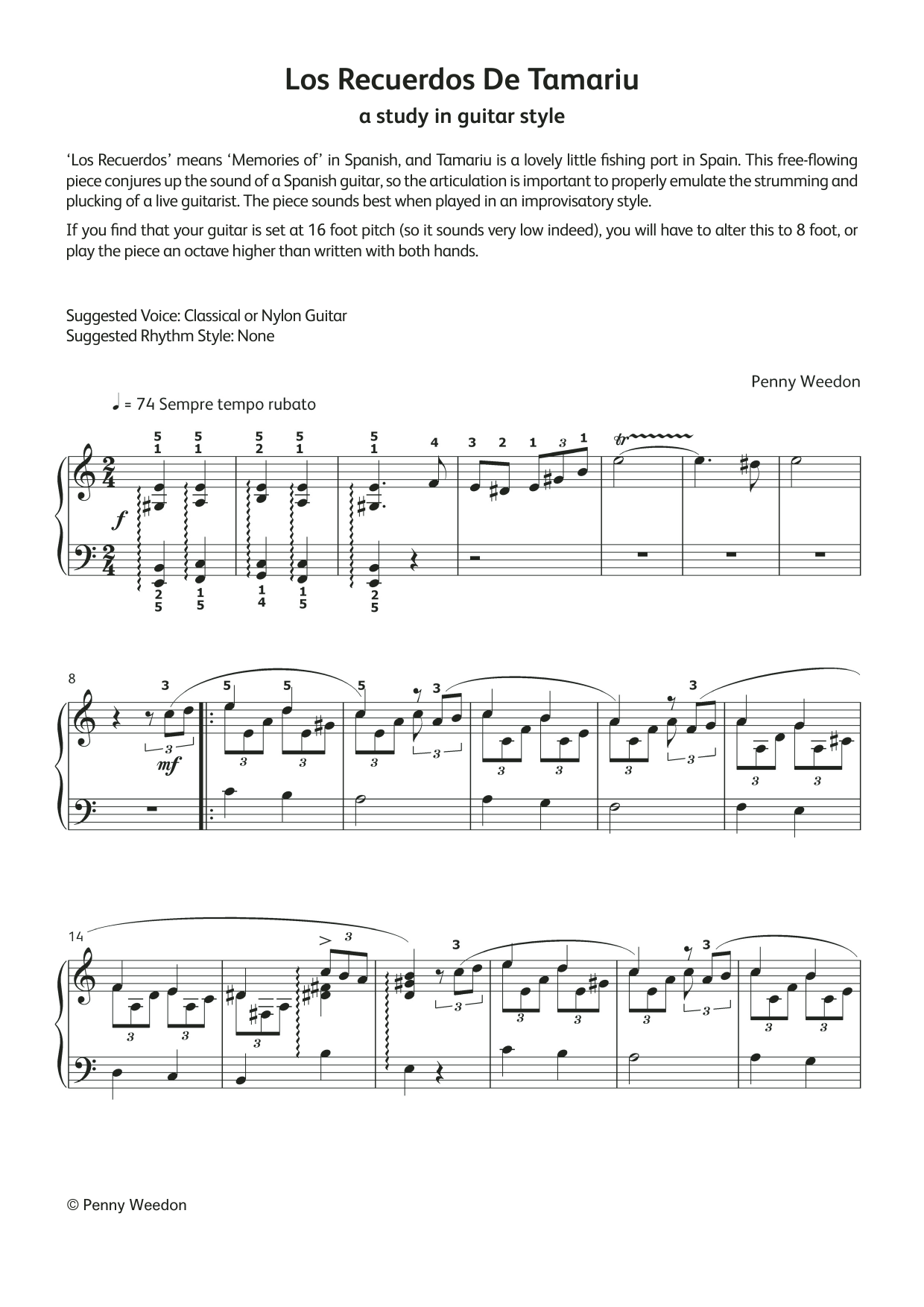 Penny Weedon Los Recuerdos de Tamariu (LCME Electronic Keyboard Grade 7 List A) sheet music notes and chords arranged for Piano Solo
