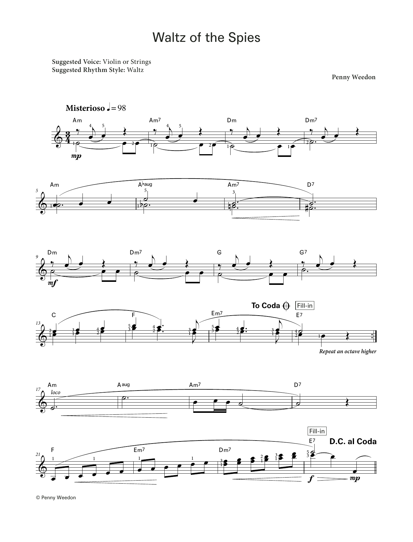 Penny Weedon Waltz of the Spies (LCME Electronic Keyboard Grade 5 List B) sheet music notes and chords arranged for Piano Solo