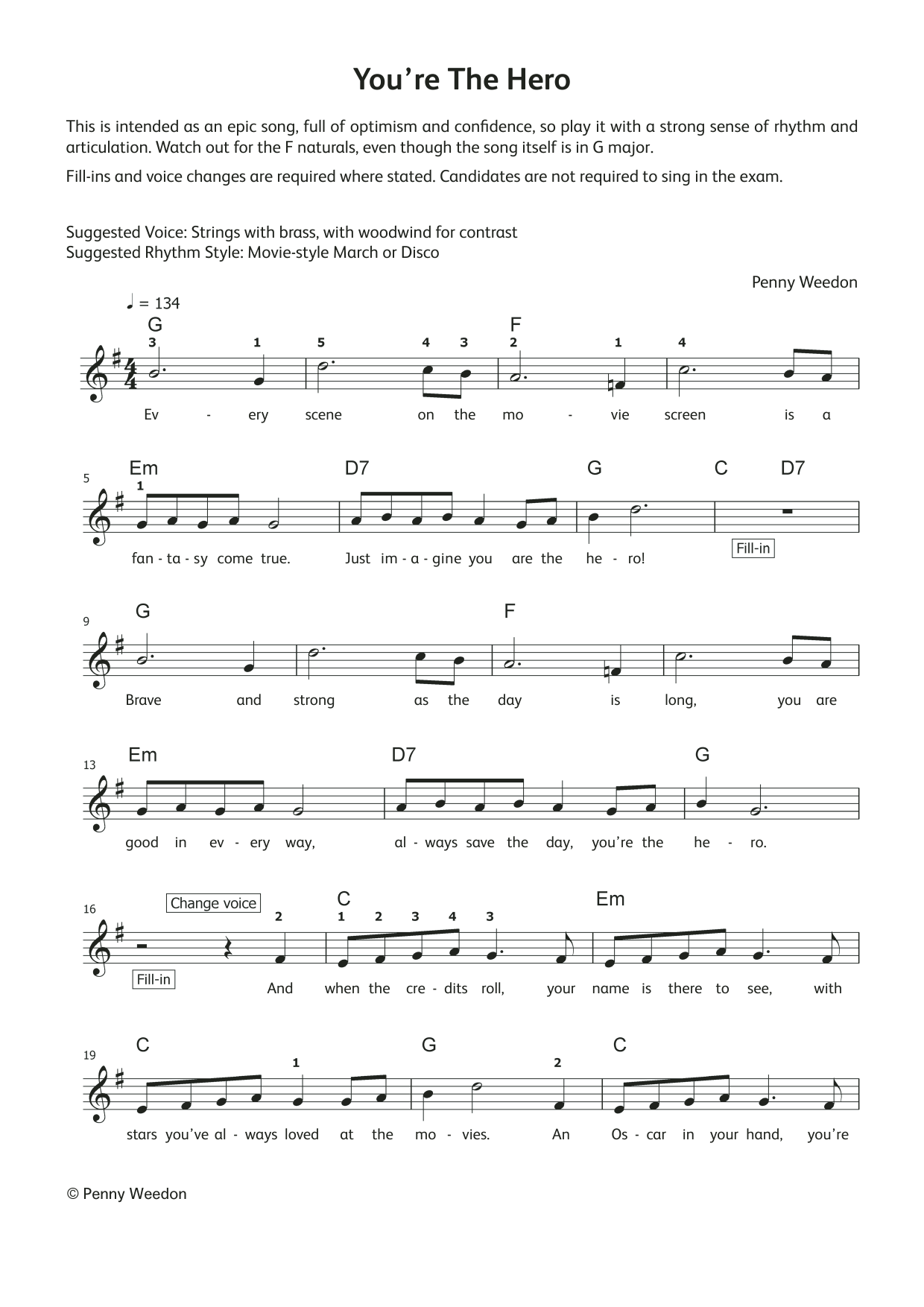 Penny Weedon You're The Hero (LCME Electronic Keyboard Grade 1 List B & C) sheet music notes and chords arranged for Piano Solo