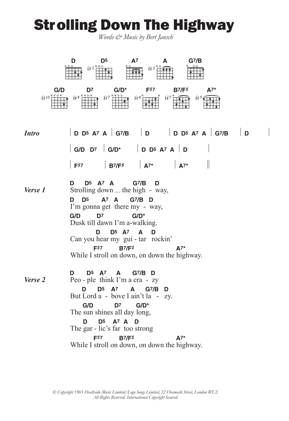 Pentangle Strolling Down The Highway sheet music notes and chords arranged for Guitar Chords/Lyrics