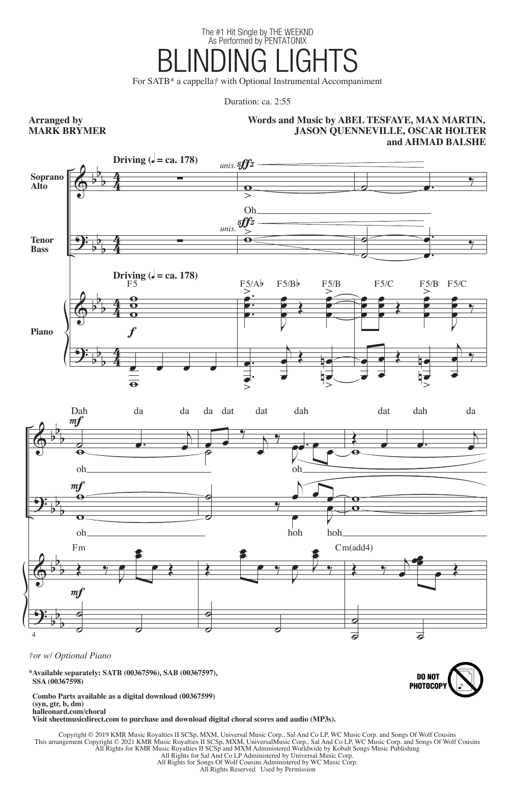 Pentatonix Blinding Lights (arr. Mark Brymer) sheet music notes and chords arranged for SAB Choir